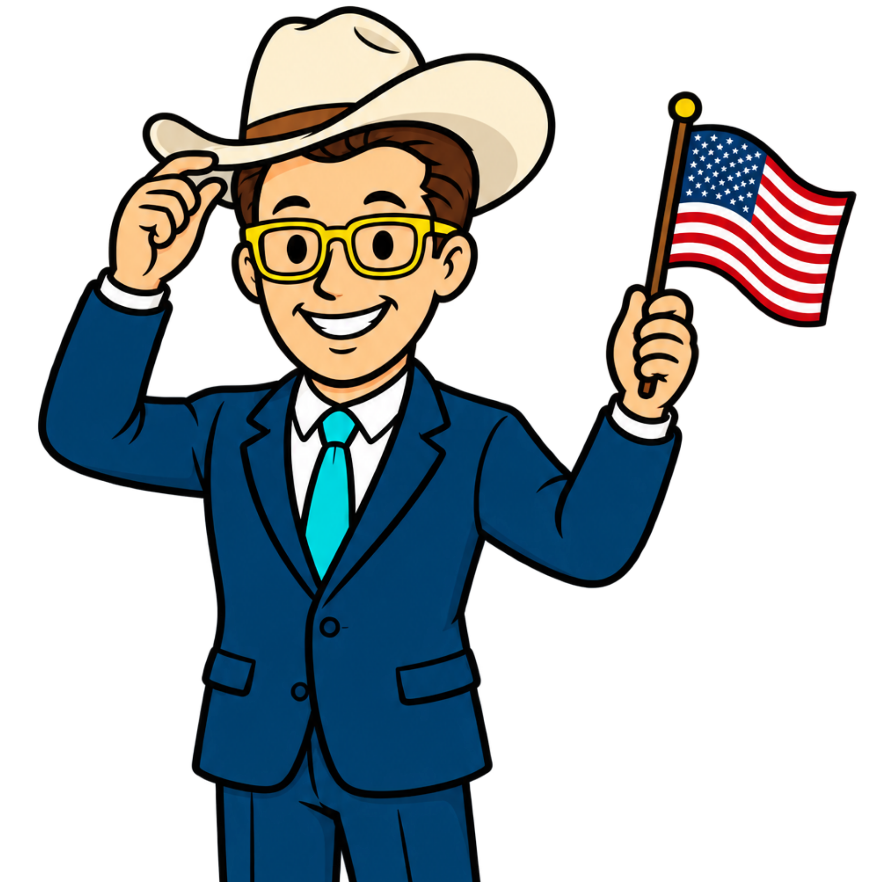 Roger dressed as an American cowboy and holding an American flag